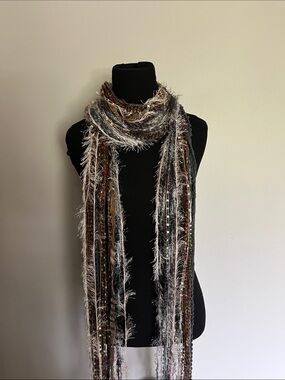 Women's Multi-Texture Fringe Scarf - Brown & Gray extra long